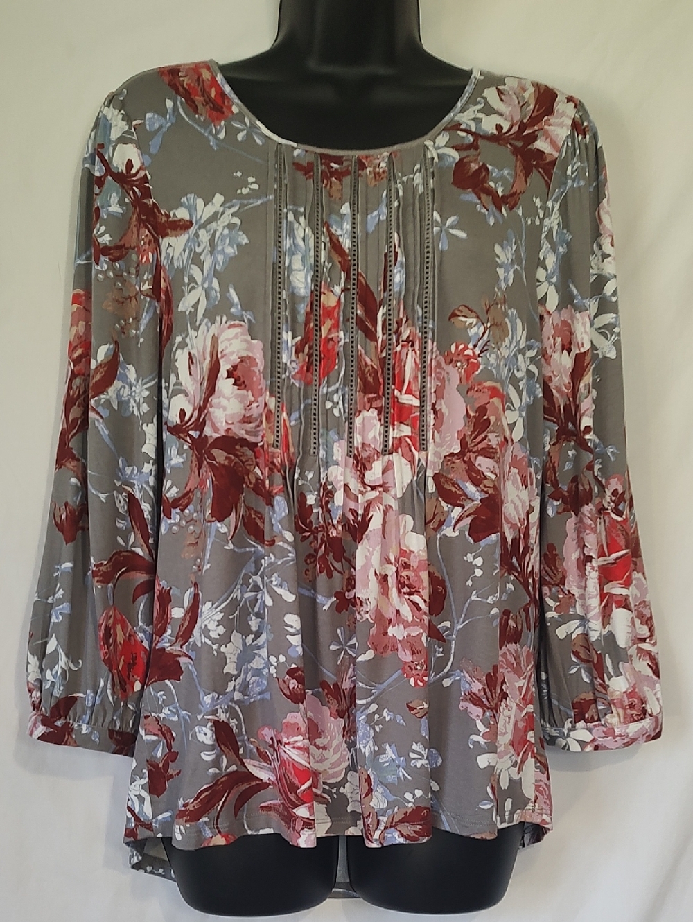 Daniel Rainn Grey Floral Pintuck Long Sleeve Blouse with Red and Pink Blooms